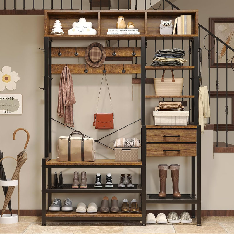 Arbre d'entrée avec banc et rangement pour chaussures, banc d'entrée 7 en 1 avec portemanteau, 3 casiers de rangement, 5 tablettes de rangement, 17 crochets à manteau, 2 tiroirs en tissu (brun rustique)