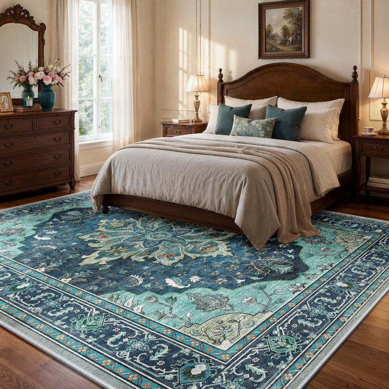 Sunflower Vintage Medallion Print Area Rug Non-Slip Machine Washable Low Pile for Living Room Bedroom, Teal