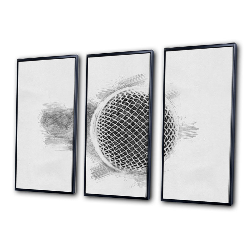 Microphone au crayon, ensemble de 3 toiles encadrées musicales, Noir, H 28 po x l 36 po x P 1 po