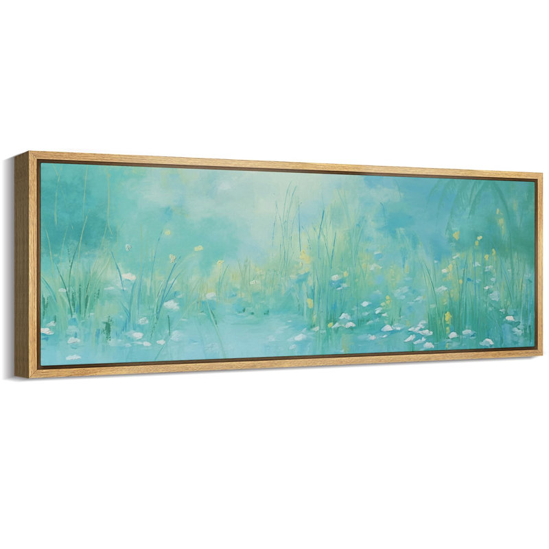 «Rustic Countryside Serene Watercolor Meadow Soft Blue», reproduction sur toile encadrée, H 20 po x l 60 po, Naturel