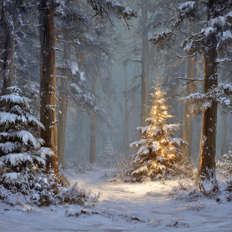 Forest Fir with Winter Lights Wrapped Canvas Wall Art, 30" H x 30" W