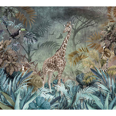 Enchanting Safari Wallpaper Mural Giraffe And Lemurs