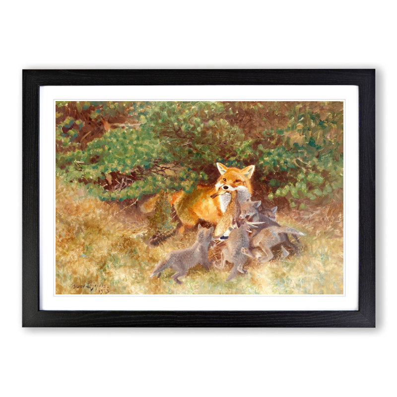 Fox and Cubs by Bruno Liljefors - Picture Frame Painting, Black Framed, 48cm H x 65cm W x 2cm D