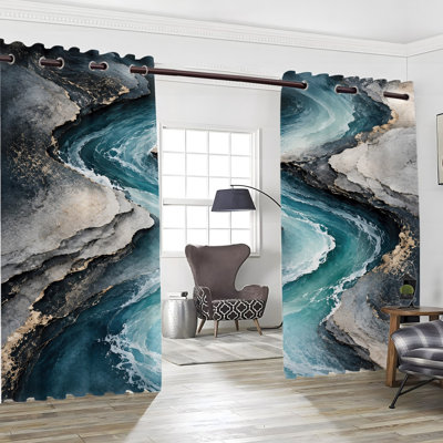 2 pièces avec rideaux occultants en marbre bleu-gris à œillets, rideaux abstraits à motif de tourbillons en marbre bleu-gris-doré, blocage thermique isolé, protection de la vie privée, rideaux obscurcissants décoratifs pour chambre à coucher, salon, décoration intérieure
