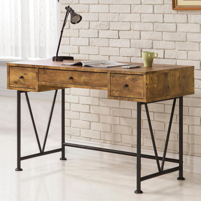 Brown Desk With Antique Nutmeg And 3 Drawers, For Functional Office Spaces Industrial-style In Black, Drawers Small Workspaces