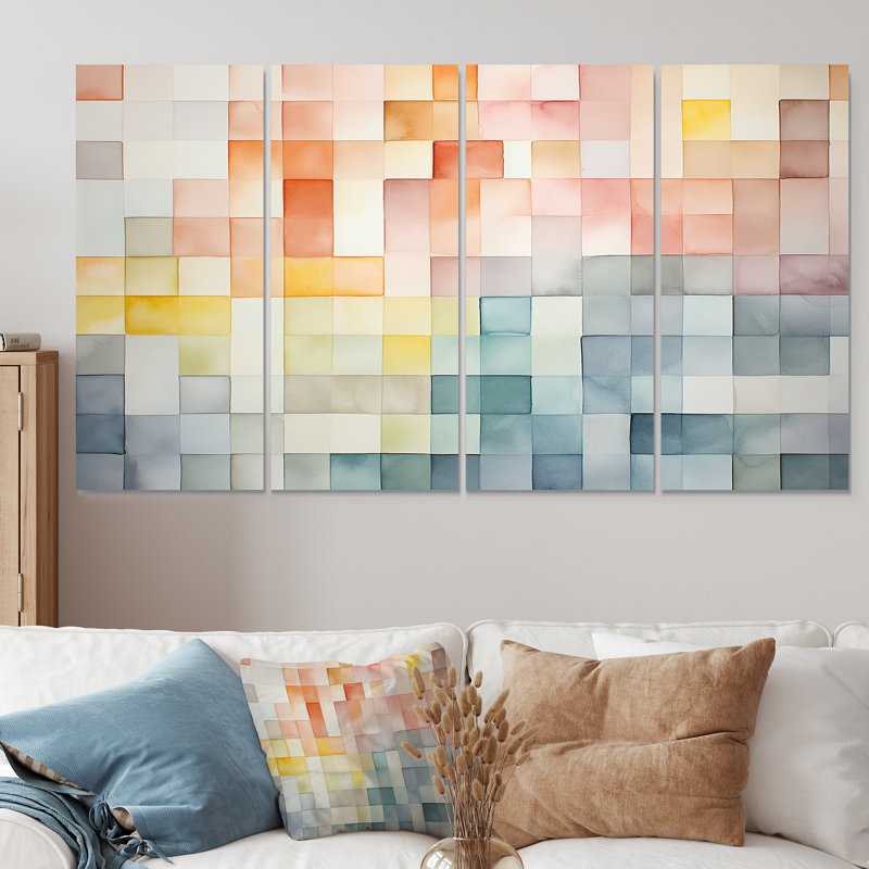 Motif de cubes multicolores II - ensemble géométrique abstrait 4 pièces, H 28 po x l 48 po