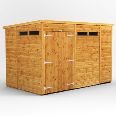 Powersheds 10 x 6ft Timber Tongue & Groove Security Pent Garden Shed, Double Doors