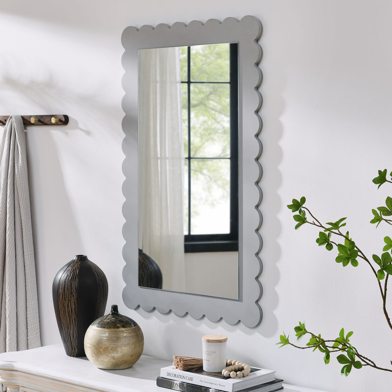 Emmeline Scalloped Rectangle Wall Mirror,  Light Gray, 36.22" x 22.44"