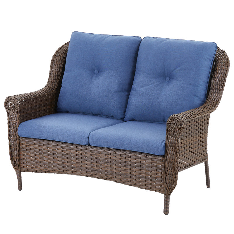 Mindee 45" Wide Outdoor Wicker Loveseat With Cushions, Blue