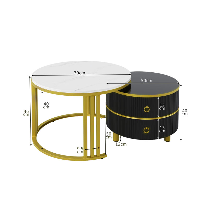 Coffee Table with Storage, White Marble, Black