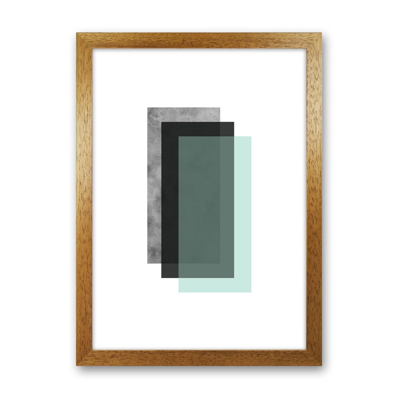 Geometric Mint And Black Rectangles by Pixy Paper - Print, Oak Framed, 84cm H x 59.4cm W x 3cm D