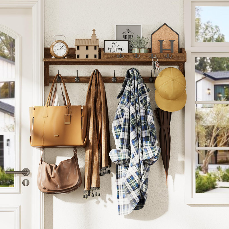 Portemanteau mural, grands crochets muraux de 35 pouces avec tablette, étagère de vestibule avec 7 crochets à manteaux doubles, 4 organisateurs de courrier à crochets clés, porte-manteau en bois et support mural pour clé