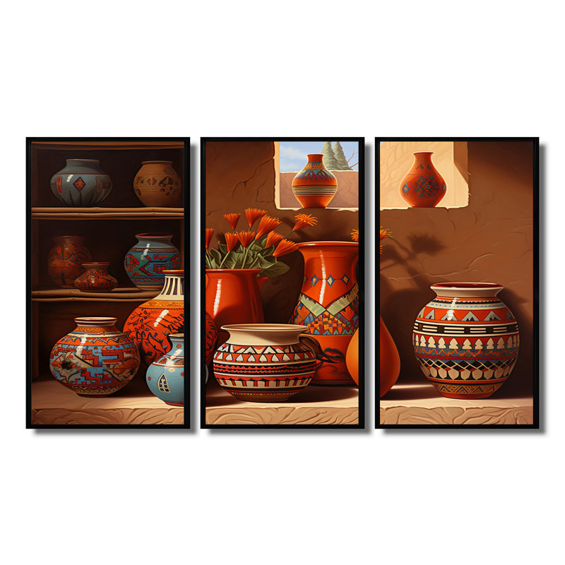 Vase mexicain en terre cuite fleurs orange - ensemble de décoration murale fenêtre florale, Cadre flottant noir