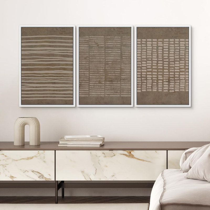 Geometric Line " No Texture Print - Grunge Greenish Brown Line Art, Abstract Neutral Artwork, Framed 3 Pieces Wall Art - Giclee Canvas Digital Print "