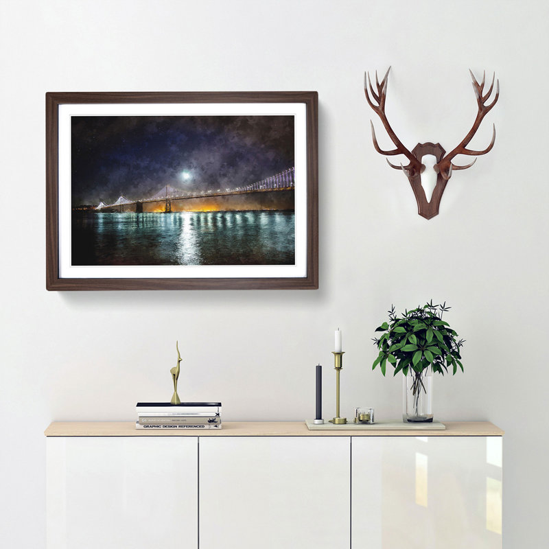 The San Francisco Oakland Bay Bridge - Picture Frame Painting Print, 45cm H x 63cm W x 2cm D, Walnut Framed