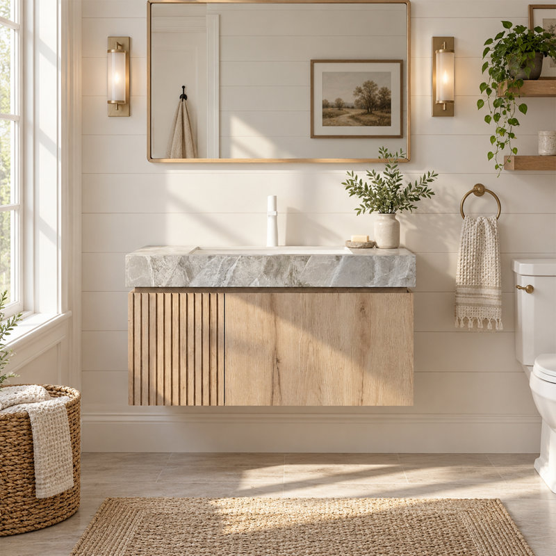 Meuble-lavabo moderne avec lavabo simple brillant, plateau de table en pierre frittée avec jolis armoires en bois, pré-assemblé