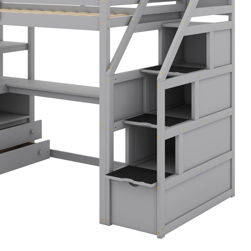 Lit mezzanine simple avec bureau et tablettes, Gris