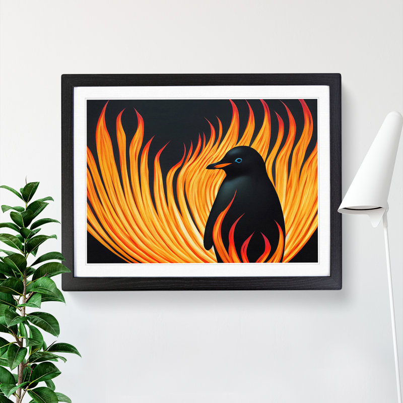 XH1022-6873X Penguin Flame Art - Single Picture Frame Print, Black Framed, 46cm H x 64cm W x 2cm D