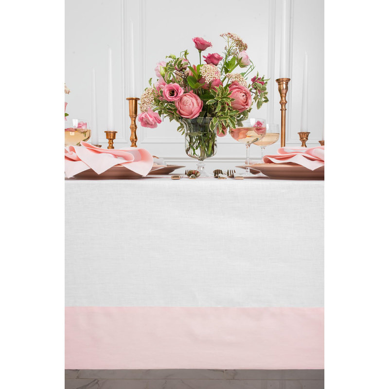 Contempo - 100% Pure Linen Tablecloth, Blush Pink/White, 132" x 60"
