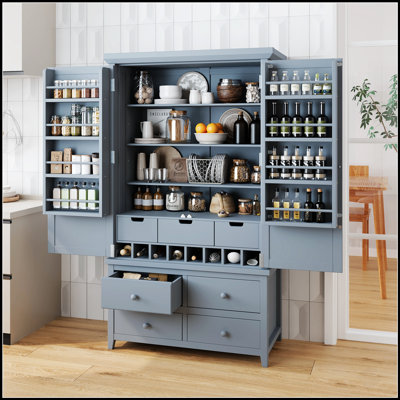 Freestanding Large Kitchen Pantry Cabinet with 8 Door Shelves, 3 Adjustable Shelves, 7 Drawers, and 8 Wine Racks for Organized Storage