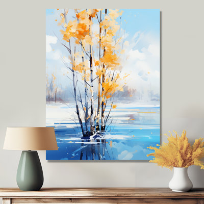 Bouleau blanc, feuilles jaunes et hiver, lac bleu - arbre, décoration murale