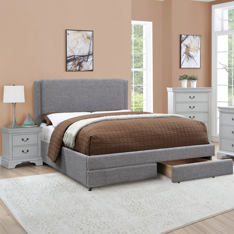 Ensemble de lit double tapissier contemporain gris clair en tissu gris clair avec tiroirs de rangement et ensemble de lit 1 pièce