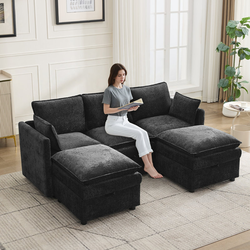 Canapé modulaire en U 80,3 po avec rangement, Noir,  H 34,3 po x l 80,3 po x P 55,5 po