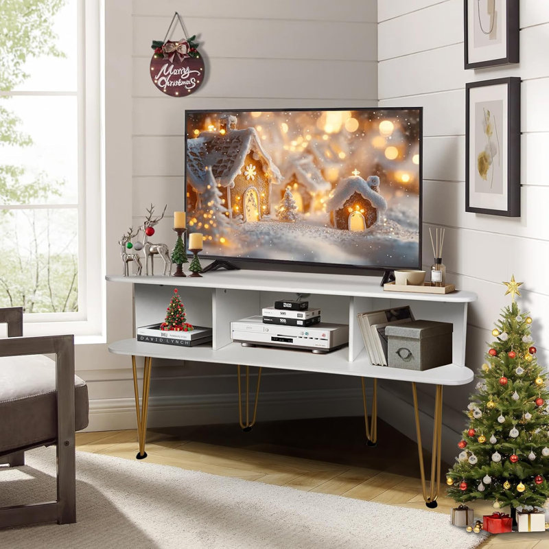Corner TV Stand for 50 Inch TV, Gold/White