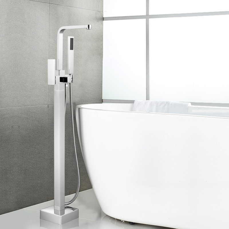 Robinet de baignoire à fixer au sol à poignée simple avec douche à main, Chrome poli