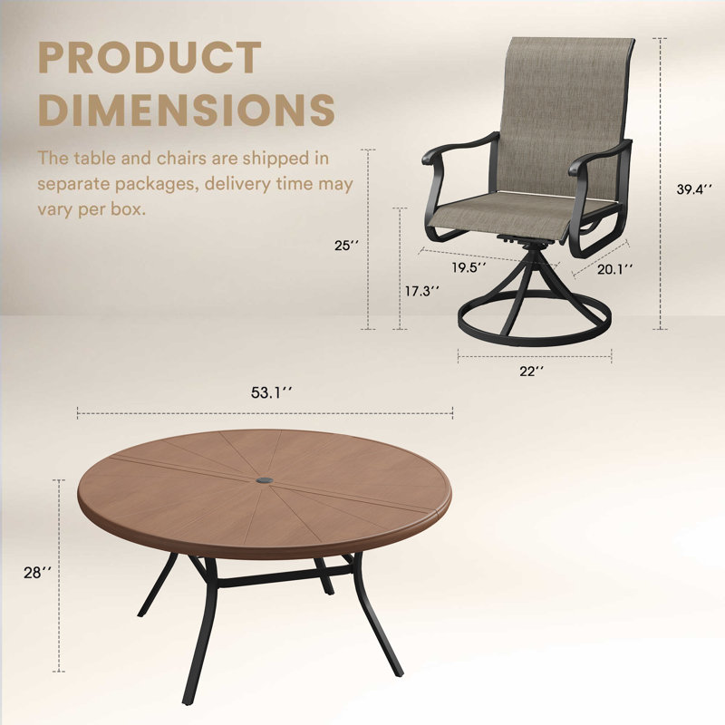 Table de salle à manger d'extérieur en aluminium avec chaise pivotante, Noyer/brun