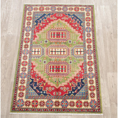 Tapis zone en laine vert 3 pi 4 po x 4 pi 10 po one-of-kind-the main-noué la 2010 kazak