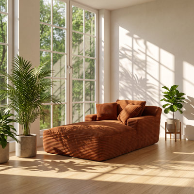 Canapé méridienne NORMICORE en velours côtelé, dimensions : 200 cm (L) x 125 cm (P) x 72 cm (H).