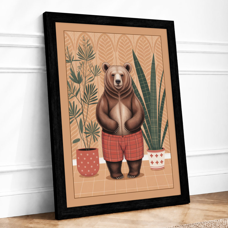 Bear Among Plants Mid-Century - Framed Print, A1 - 84.1 x 59.4 cm, Black