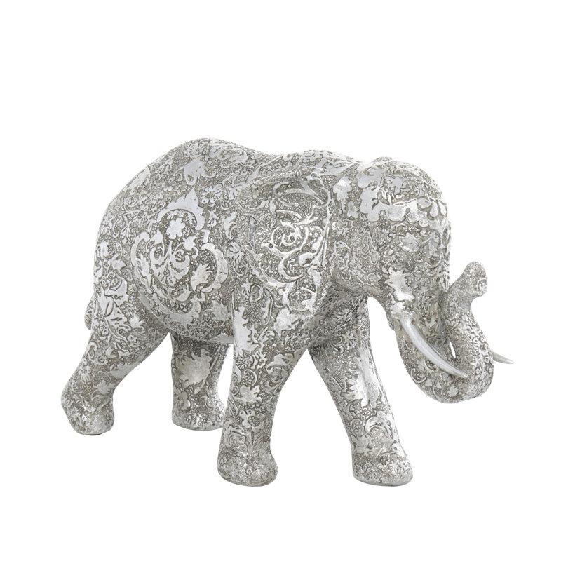 Difranco Polystone Engraved Floral Elephant Decorative Silver Sculpture