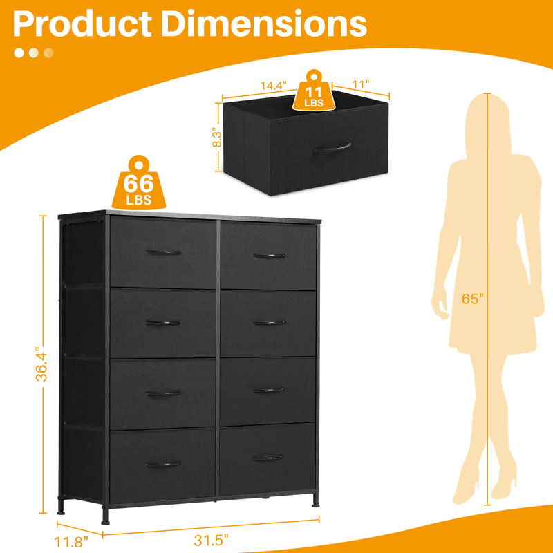 Commode double 8 tiroirs W 31,5 po Wassil, Noir