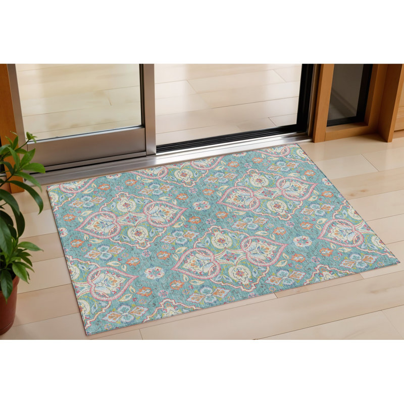 3' X 5' Teal Blue Pink And Orange Ogee Washable Indoor Outdoor Area Rug