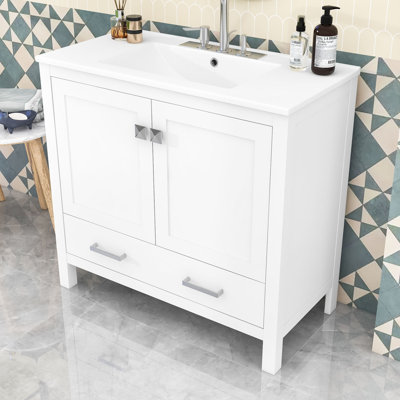 Meuble-lavabo en bois avec lavabo, tiroir divisé et portes à fermeture douce