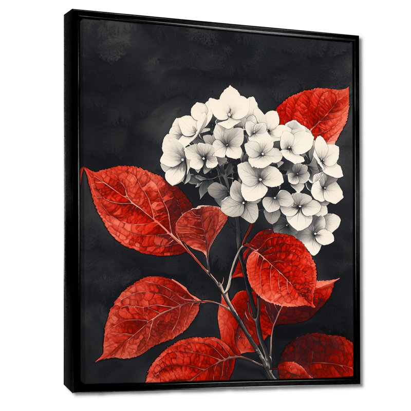 Hortensias monochromes avec feuilles rouges II - hydrangées grand art mural, H 32 po x l 16 po, Noir