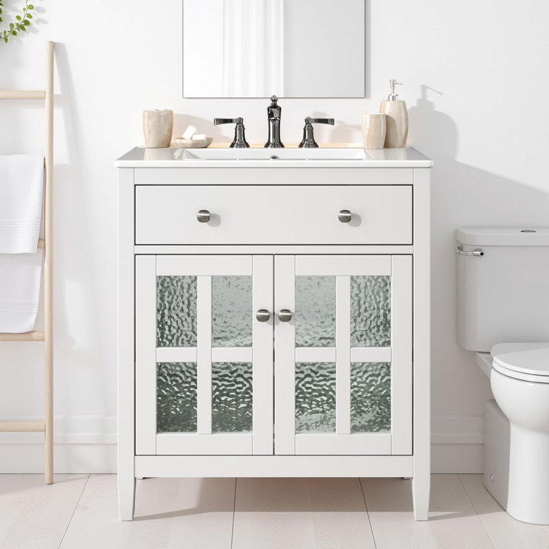 Meuble-lavabo autoportant de 30 po avec lavabo en céramique, portes en verre texturé et plateau basculant, Blanc