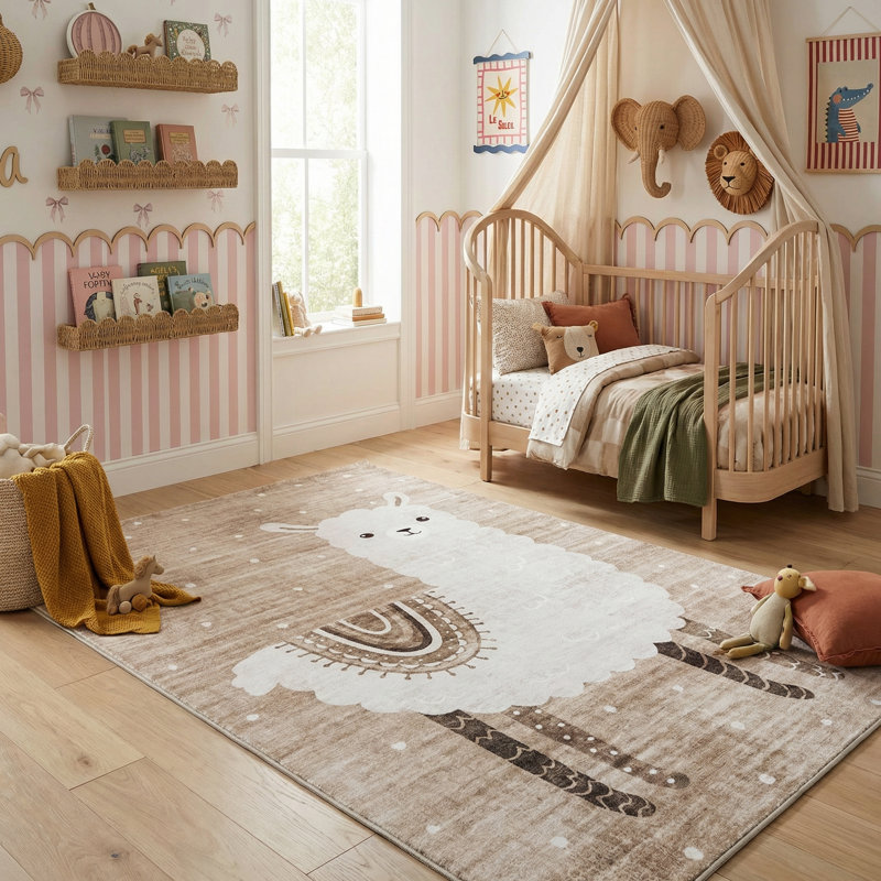 Rug Branch Rowan 4' x 6' (3'11" x 5'10") Brown/Beige Llama Kids Area Rug, Contemporary, Medium Pile, Stain-Resistant Carpet - Playroom, Nursery, Toy Room and Bedroom