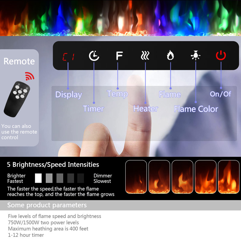 Electric Fireplace, Ultra-Thin Fireplace Recessed and Wall Mounted With Touch Screen Control Panel, 17" H x 90" W x 4.13" D