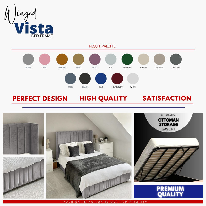 Vista Wingback Ottoman Storage Bed - Plush Velvet Gas Lift Bed Frame with Headboard, Silver, Single (3')