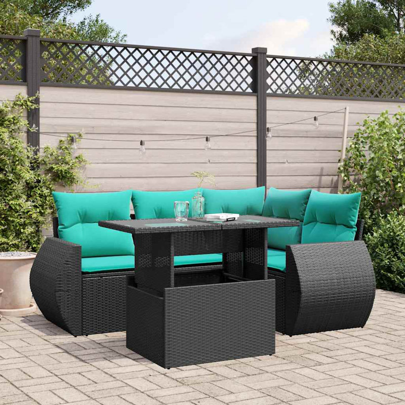 Ensemble de canapé de patio 5 pièces avec coussins en rotin de polyester, Bleu clair, Noir