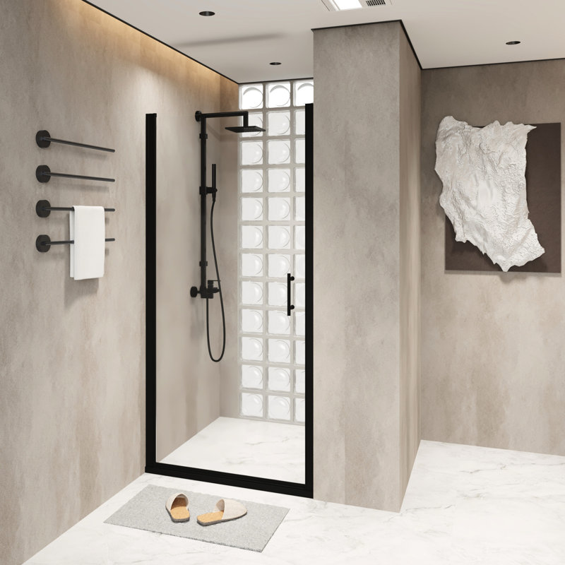 28x72 Inch Shower Door With Pivot Mechanism, Black Aluminum Frame, 1/4" Tempered Glass, Film, Water - Blocking Strip, Smooth Swing For Bathroom Featuring Half 6mm Transparent Raised Shock Packaged