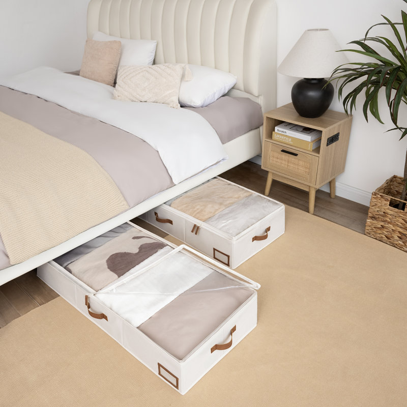 Large Underbed Storage Containers with Handles and Label Holder, Fabric Underbed Bins for Clothes, Blankets, Sweaters, White