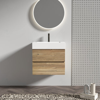 24  Rough Oak+Rough Oak Bathroom Vanity with White Glossy Engineered Quartz Sink and Soft Drawers, Wall Mounted Floating Bathroom Vanity for Modern Bathroom, Without Drainage and faucet