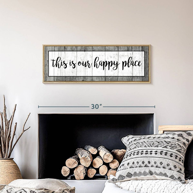 Plaque murale «This is our happy place», Cadre flottant en bois naturel, 28 po x 10 po