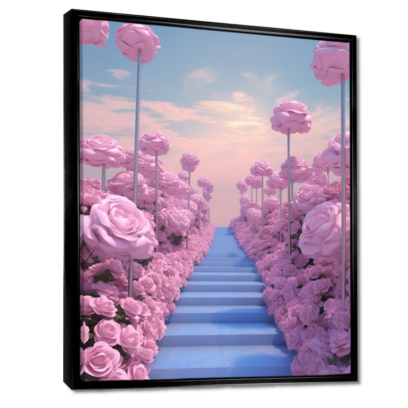 «Blue Stairs Pink Rose Celestial Pathway» - roses, art mural, Toile avec cadre flottant noir, H 40 po x l 30 po x P 1,5 po