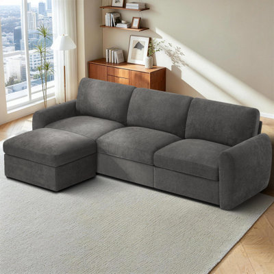 118" Chenille Upholstered 3 Seats Sofa with Movable Ottoman for Living Room