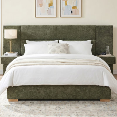  Linen Upholstered Platform Bed with Attached Nightstands, Storage Drawers and Wood Slat Support